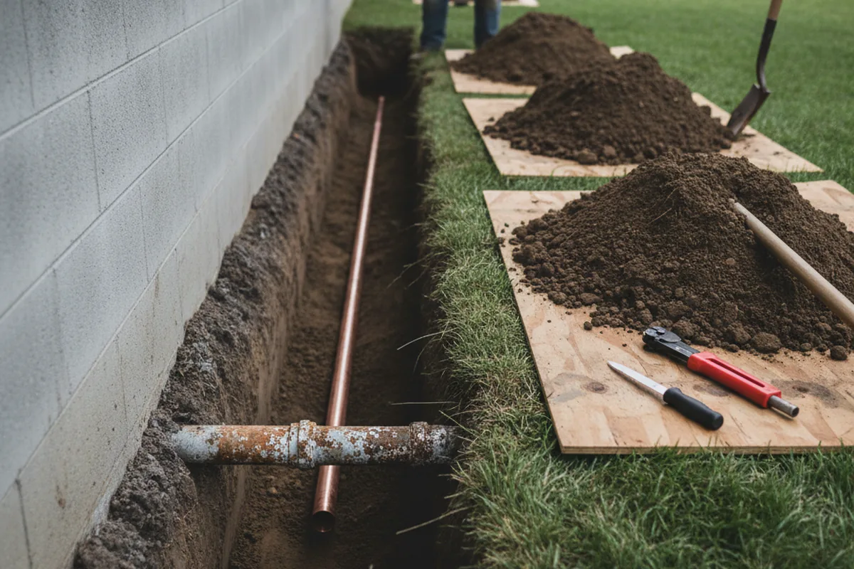 Excavated water line trench during Sewer Line Repair in Guild